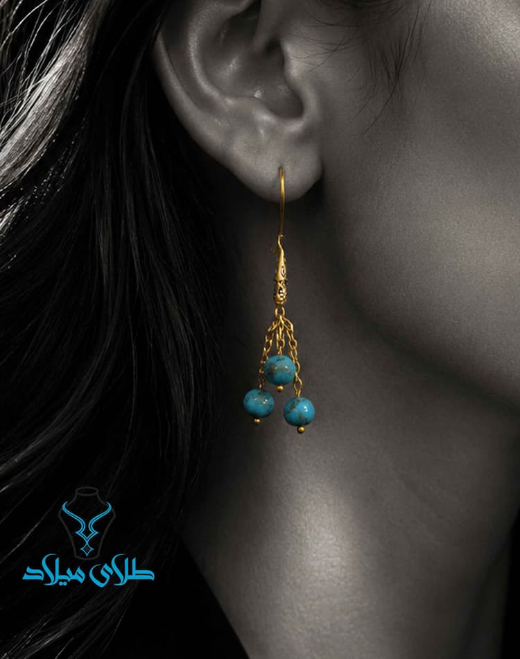 گوشواره آویز فیروزه کد1 · گوشواره آویز طلا · 18 عیار · 3.99 گرم
