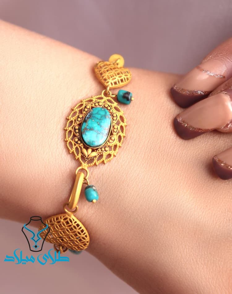 دستبند طلا فیروزه کد1 · دستبند زنجیری · 18 عیار · 9.52 گرم